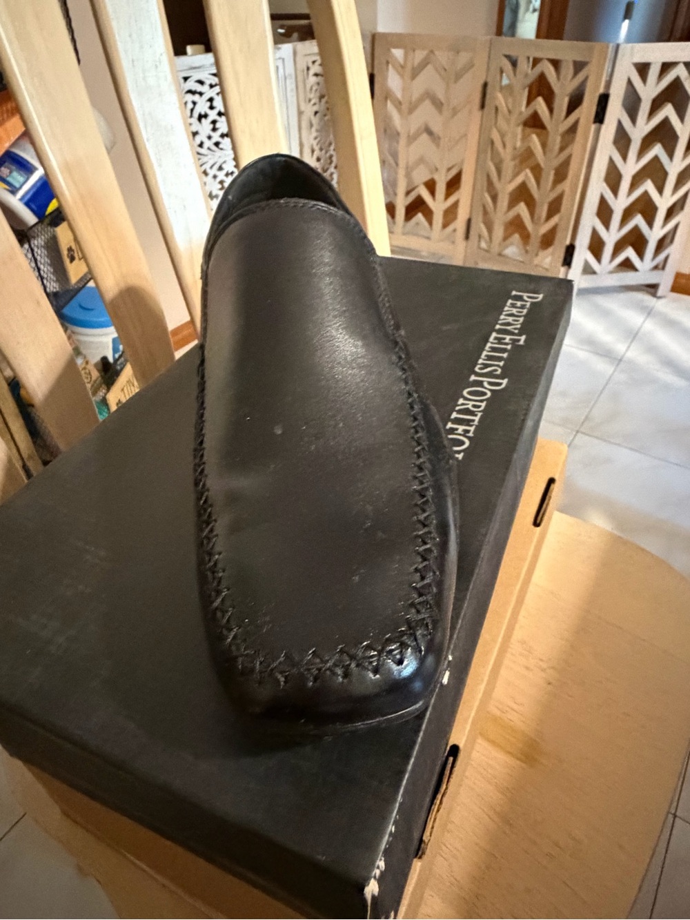 Perry Ellis Black Leather Slip-On Loafer with Moc Toe Stitching - Picture 2 of 3